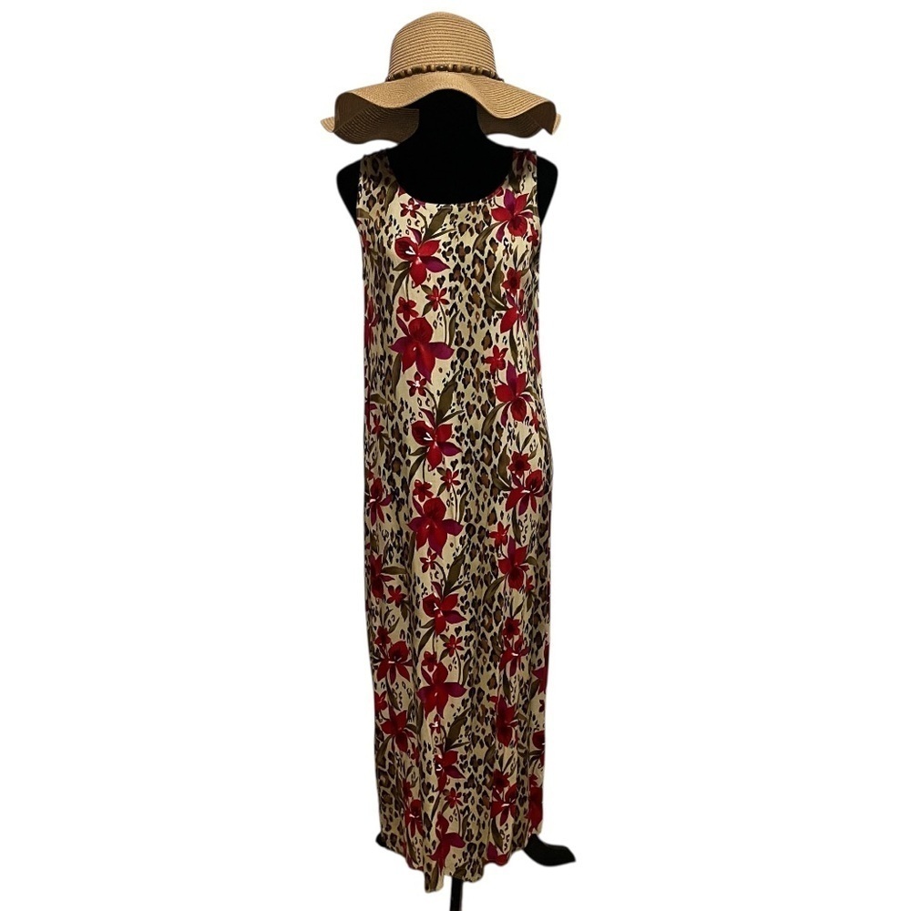 Notations Tan Red Sleeveless Animal/Floral Print Maxi Dress Size M